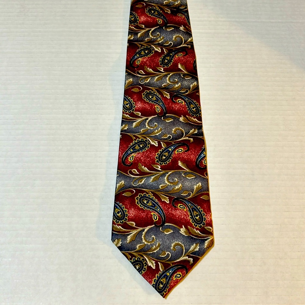 Barrington men’s silk tie, Paisley, red gray blue white pattern design